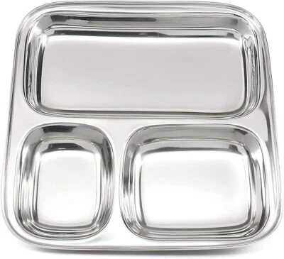 2 Pcs Square Stainless Steel Plate 3 Section/Compartment 8.5" Apx. Dinner Plates - Image 1 of 4