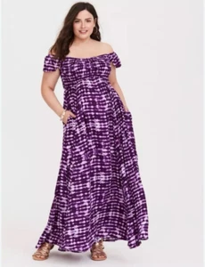 Maxi Abito Torrid 3X 22-24 Tie Dye Viola Svolazzante Manica Babydoll Smocked Lungo* - Foto 1 di 13