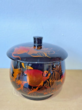 Vintage Lacquerware Hand Painted Koi Fish Lidded Jar Dish Vietnam Black Gold