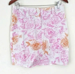 Dressbarn Skirt SZ 10 Slit Pink Orange Floral Cotton White Belt Loops Buttons - Picture 1 of 7