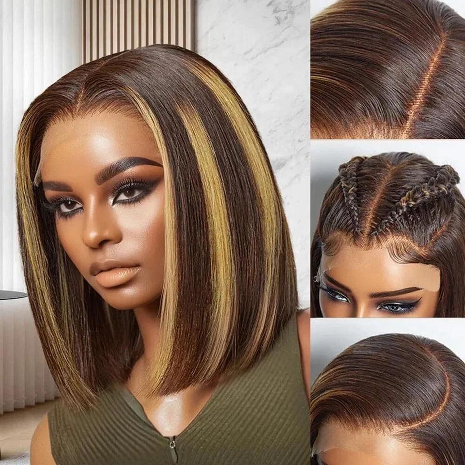 Peluca frontal de encaje rubia miel destacada cabello humano ombre 4/27 encaje frontal bob peluca Foto 1 de 4