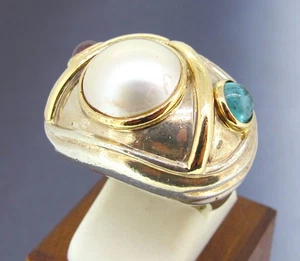 11mm Pearl 14k Yellow Gold & Sterling Silver Two Gem Stones Ring Size 6.5 - Picture 1 of 5