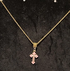 Pink Enamel Cross Pendant Necklace w/18 inch Goldplated Chain NEW Handmade - Picture 1 of 4