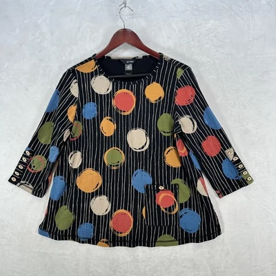 Ali Miles Shirt Womens Petite XL Black Multicolor Dot Stripe Tunic Cotton Artsy - Image 1 of 4