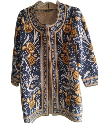 Talla L MAXSPORT BCBG MAXAZRIA Boho Campesino Cárdigan Abrigo Largo Suéter Azul Marino Dorado Foto 1 de 4