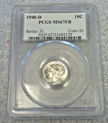 Moneda de diez centavos de plata mercurio 1940-D graduación profesional MS67 FB (3163) Foto 1 de 4