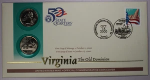 Cubierta de moneda del primer día del cuarto del estado Virginia P&D 2000 y sello de 33 centavos - Imagen 1 de 6
