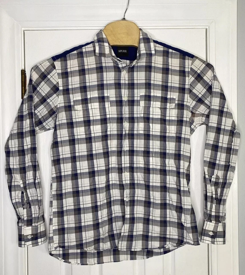 Camisa masculina Simon Spurr com botão duplo peito frontal azul branca marrom xadrez grande - Imagem 1 de 4