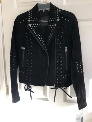 Bagatelle Western Biker Moto 铆钉麂皮绒皮革夹克深棕色系带 S   — 第 1/4 张图片