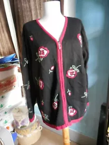 Stitches in Time Cardigan Sweater Zip Up Black Cardigan Embroidered Flowers M - Picture 1 of 3