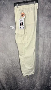 YMI Cargo Pants Beige NEW Womens Wide Leg Size Large Cotton Blend Tie Ankles - Picture 1 of 13