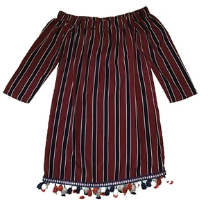 Tassel Tunic Womens Sz L Marroon and Navy Striped Romantic Dress Date Night - Picture 1 of 5