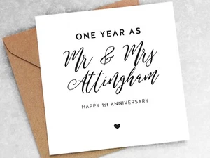 1. HOCHZEIT JUBILÄUMSKARTE ein Jahr als personalisierter Nachname Datum für Frau FC1c - Bild 1 von 6