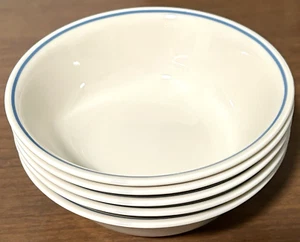 Set Of 5 Cereal Bowls 6.25" Blue Trim Rim Stripe Sandstone Vintage Corelle EUC - Picture 1 of 10