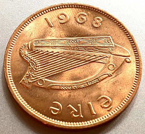 1968 Irish Penny 1d EIRE Ireland, Hen And Harp. AU Beautiful Condition! Shiny! Cover