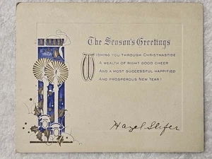 Vintage Weihnachtskarte Art Deco blaue Kerzen Goldakzente signiert Haselschleifer - Bild 1 von 2