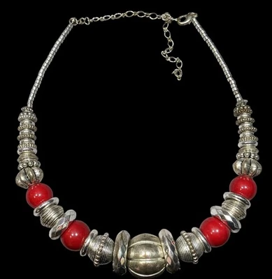 Collar Retro Grueso Metálico Tono Rojo y Plata Cuentas Foto 1 de 4
