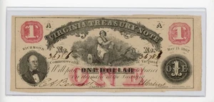 1862 $1 CONFEDERATE NOTE VIRGINIA TREASURY NOTE RED LARGE SIZE UNCIRCULATED - Picture 1 of 2