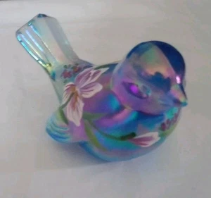 Fenton Blue Iridescent Carnival Glass Flowers Song Bird Hand Painted Signed - Picture 1 of 10