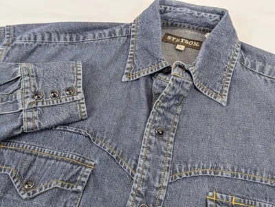 Stetson Pearl Snap Western Denim Shirt Mens Small Blue Jean Cowboy Black Pearl - Image 1 of 4