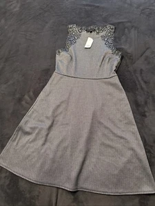 Banana Republic Dress Womens 6 Black Gray Herringbone Embroidered Flare A Line - Picture 1 of 6