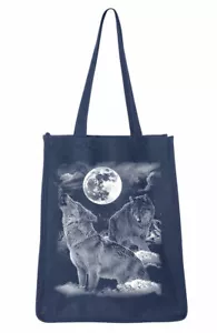 Large Canvas Shopping Travel Beach Tote Bag with Howling Wolves Moon Design - Picture 1 of 3