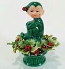 Inarco Ceramic Green Knee Hugger Pixie Elf Figurine Plastic Holly Wreath 1960s 
