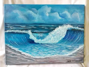 Original Acrylic Painting 12"x16" Canvas Wave Ocean Seaside Beach Decor Art - Picture 1 of 6