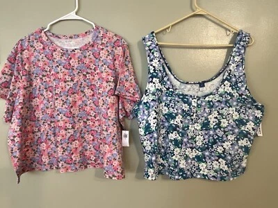 Old Navy Floral Boho Set Of 2 Pink Blue Tee Tank Crop Tops 2X NWT - Image 1 of 4