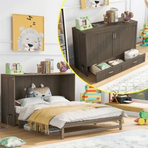 Queen Size Wood Murphy Cabinet Bed w/Built-In Charging Station & Storage Drawer - Picture 1 of 20