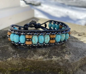 Turquoise Hemalyke and Tiger Skin Jasper Beaded Black Leather Bracelet handmade - Picture 1 of 9