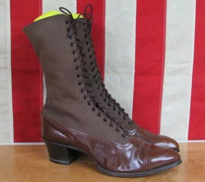 Vintage 1920s Antique Brown Leather/Canvas Prairie Boots Victorian NOS unworn - Image 1 of 4