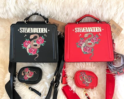 RARE Steve Madden BEVELYN Lunar New Year Snake Satchel Crossbody Bag Black/Red - Image 1 of 3