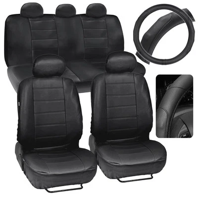Fundas de asiento de cuero sintetizado negro para automóvil + cubierta de volante con agarre cosido Foto 1 de 4