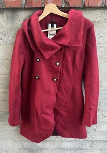 Soia & Kyo Burgundy Wool Hooded Full Pea Coat Jacket Button Down Womens USED - Picture 1 of 21