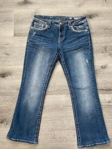 Miss Me Signature Boot Jeans Embellished Denim Rhinestones Bling 29 Distressed - Picture 1 of 7