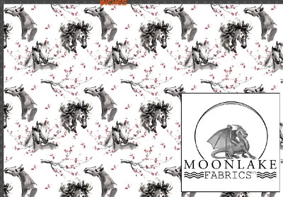 MOONLAKE FABRICS Japanese Ink Horses 100% Cotton Poplin Fabric Meter & Panel Options *Exclusive*