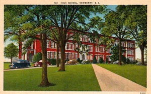 Tarjeta postal de lino Newberry High School Old Cars South Carolina SC 1940 - Imagen 1 de 2