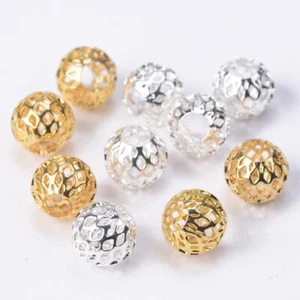 6mm 8mm 10mm Round Hollow Mesh Gold/Silver Plated Metal Brass Alloy Loose Beads - Picture 1 of 11