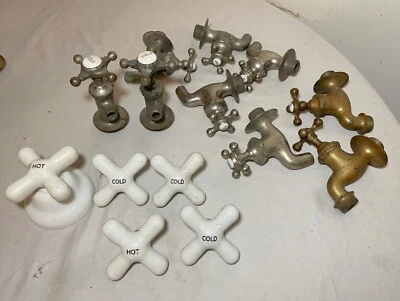 15 piece antique nickel plated brass porcelain industrial faucet fixture handle - Image 1 of 4