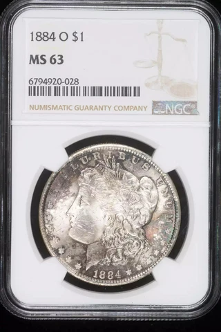 1884 O Morgan Silver Dollar NGC MS-63 Rainbow Toning Cover