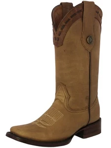 Womens Western Boots Honey Brown Solid Leather Square Toe Rodeo Ranch Bota Mujer - Picture 1 of 5