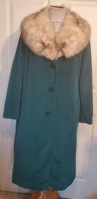 Vintage Dark Teal Velveteen Coat Large White Fox Collar Lorendale Bromleigh B44 - Image 1 of 4