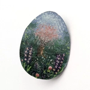 Vintage Hand Painted Brooch Oval Wood Fairy Pastel Trees Flowers Garden - Picture 1 of 6