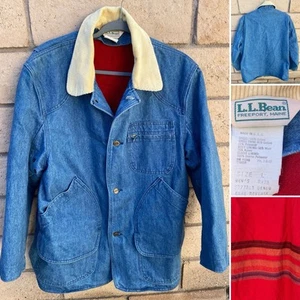 Vintage LL Bean Denim Jacket Chore Barn Blanket Lined Corduroy Collar Mens Sz L - Picture 1 of 24