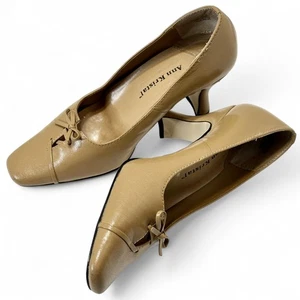Ann Kristal Leather Pumps 5.5M Camel Tan Bow Square Toe Block Heel Y2K Eulalia - Picture 1 of 11