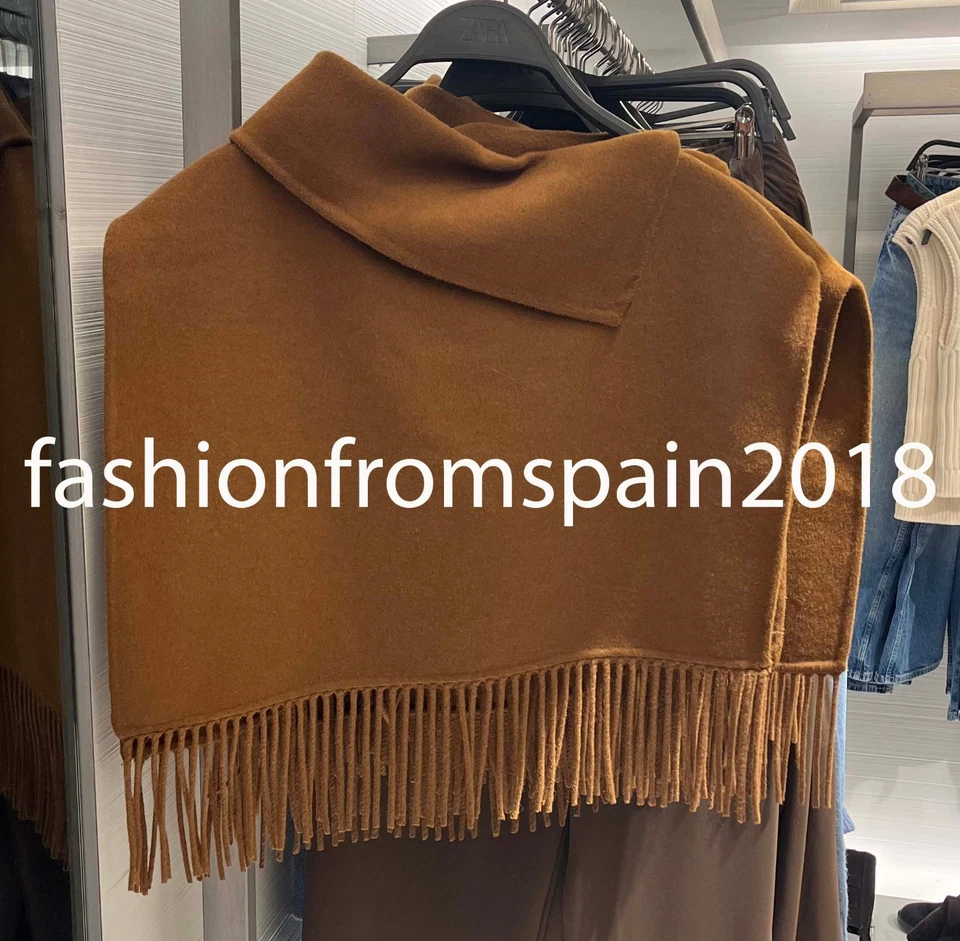 ZARA NEW WOMAN ASYMMETRIC SHORT WOOL FRINGED CAPE TOFFEE ONESIZE: M 8491/206/745 - Image 1 of 1