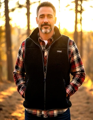 Chaleco polar LL Bean Mountain High Sherpa mediano alto negro para hombre cremallera frontal exterior Foto 1 de 4