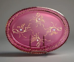 Antique Bohemian Cranberry Glass Tray Raised Enamel Gilt 19thC Moser/Moser Style - Picture 1 of 23