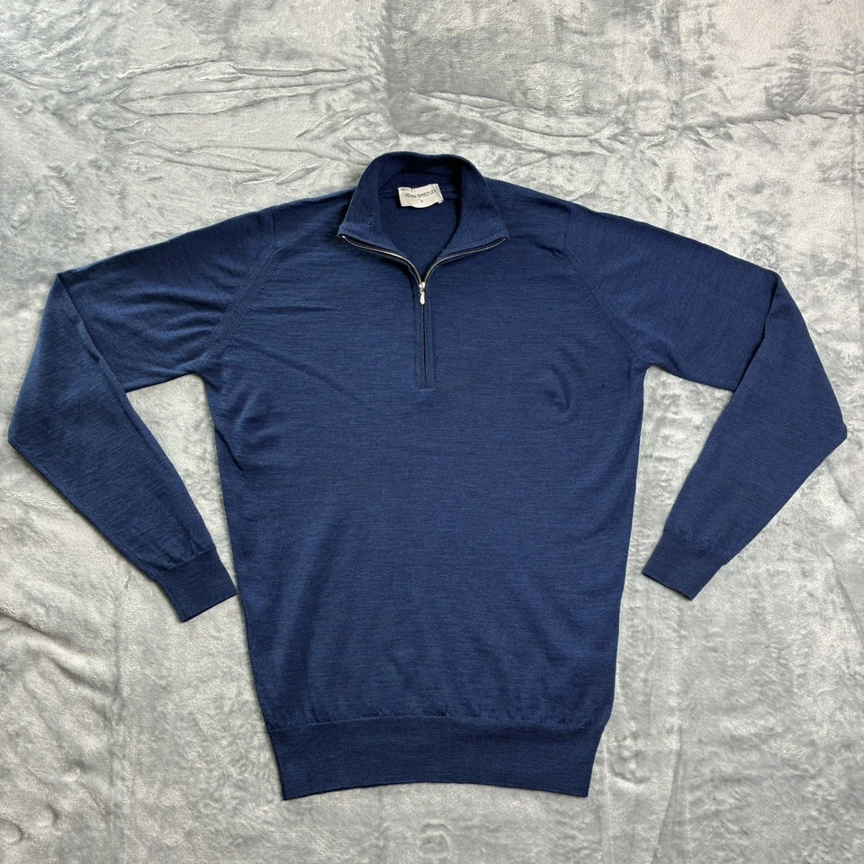 Suéter John Smedley 100% Lana Merino Mediano 1/4 Cremallera Azul Hecho en Gran Bretaña Foto 1 de 4